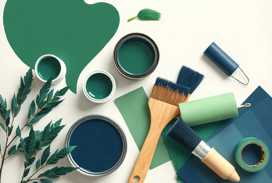 Pots de peinture, nuancier, brosses et rouleaux disposés à plat