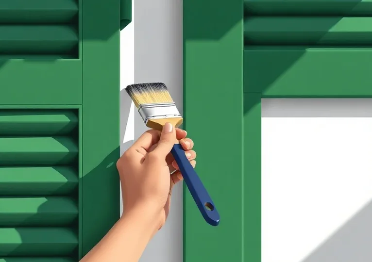 Mise en peinture au pinceau de volets et d'encadrements en bois
