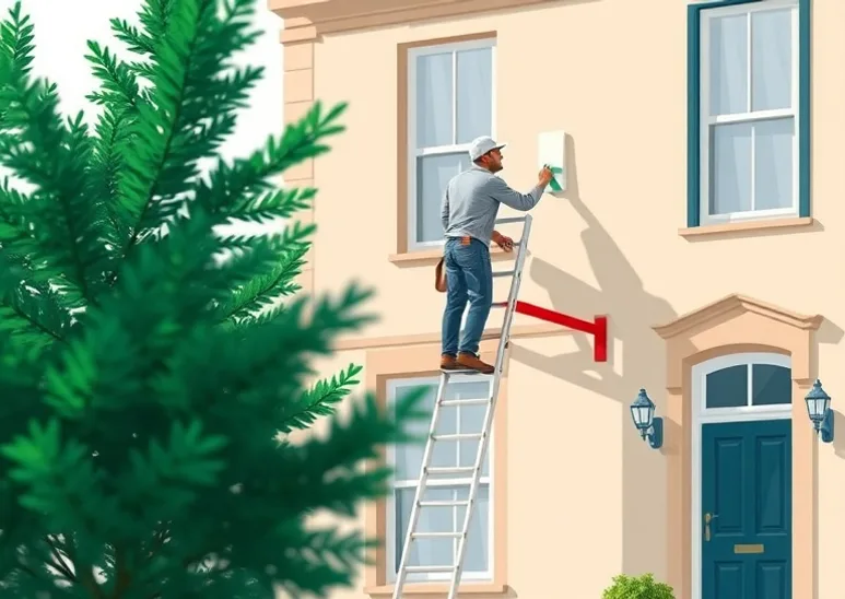 Peintre sur échafaudage traitant la façade d'une maison