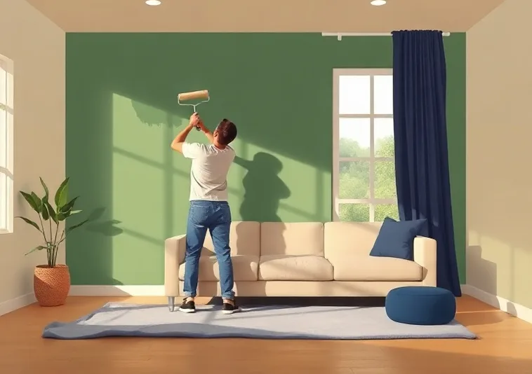 Peintre appliquant la peinture au rouleau sur un mur de salon